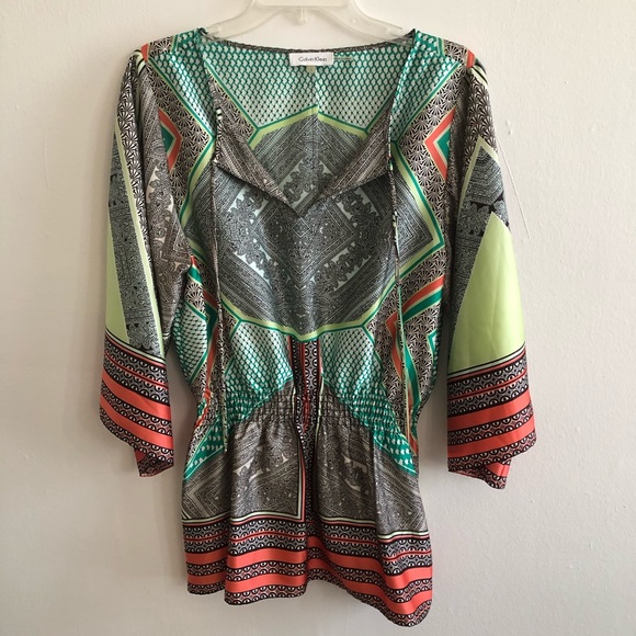 Calvin Klein Tops - CALVIN KLEIN Caribbean Scarf Printed Charmeuse Top